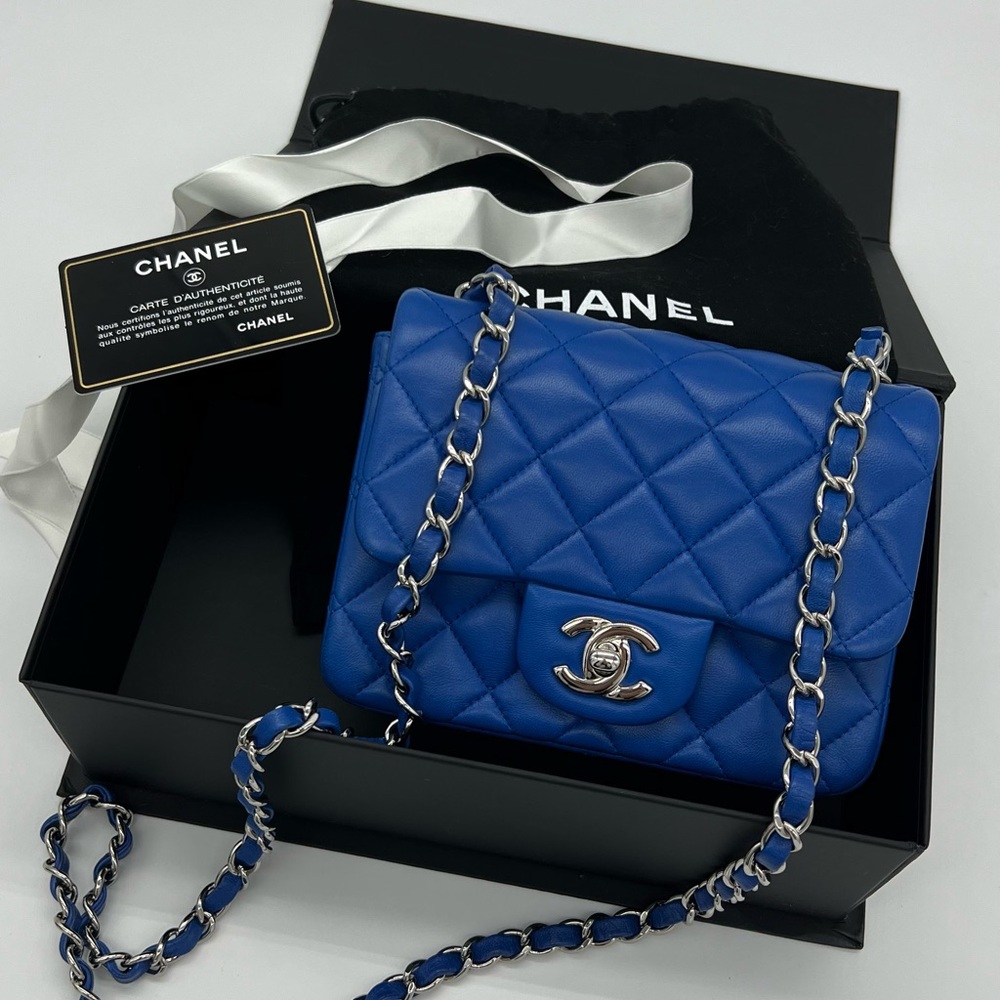 Authentic Chanel Classic quilted Royal blue in lambskin Mini square flap